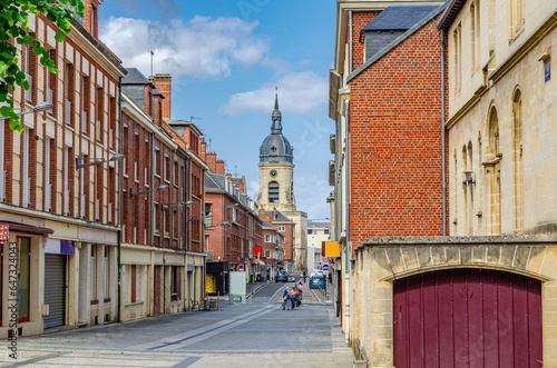 Slika na platnu Amiens cityscape, narrow pedestrian street with traditional buildings and Belfry