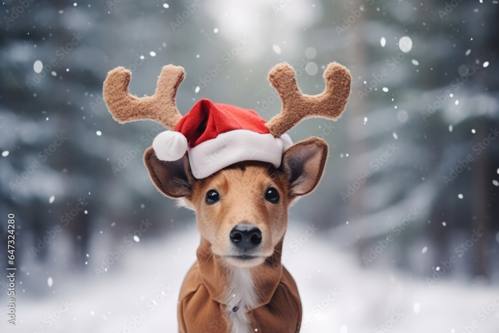A festive reindeer wearing a Christmas santa hat stood in a snowy forest A festive reindeer wearing a Christmas santa hat stood in a snowy forest