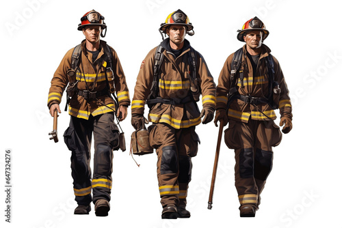 Three courageous Heroes in Fire Suits isolated on a transparent background, Generative Ai