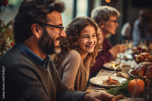 Happy little girl celebrating with her parents on Thanksgiving Day around a table