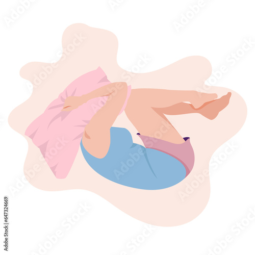 Depressed woman wrapped in blanket lies on bed.powerless female in apathy. girl without motivation.mental health concept.unhappy girl hugs her knees.person under stress. Vector flat illustration EPS10 © Isa