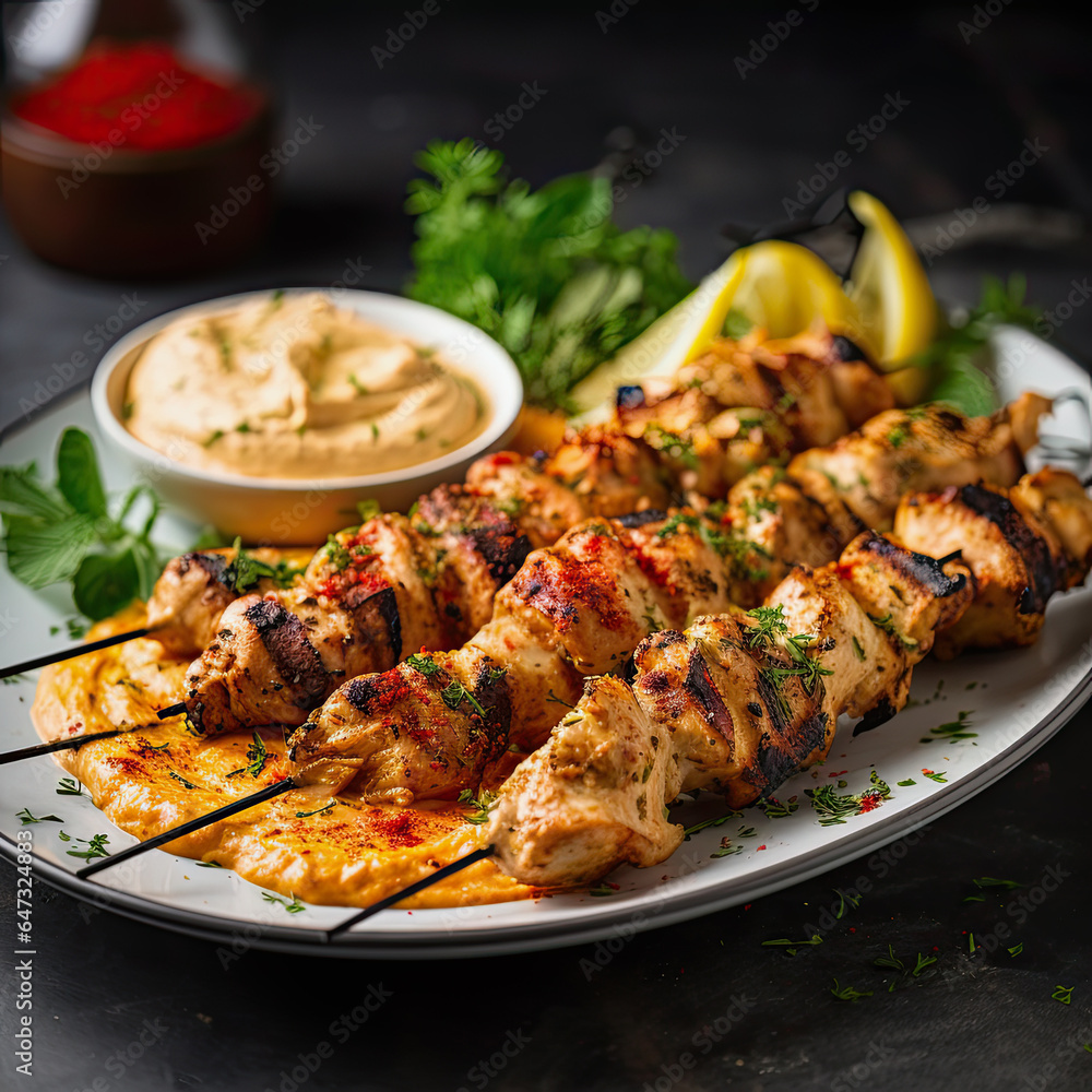 Lemon-Oregano Grilled Chicken Souvlaki Skewers with Roasted Tomatoes and Hummus
