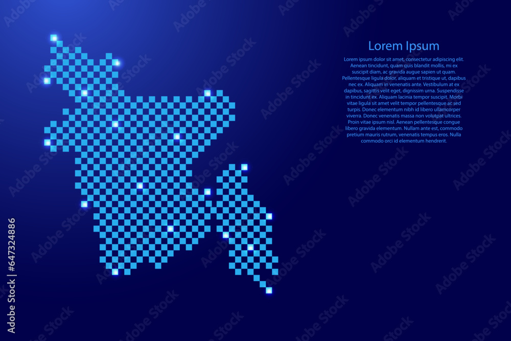Bangladesh map from futuristic blue checkered square grid pattern and glowing stars for banner, poster, greeting card