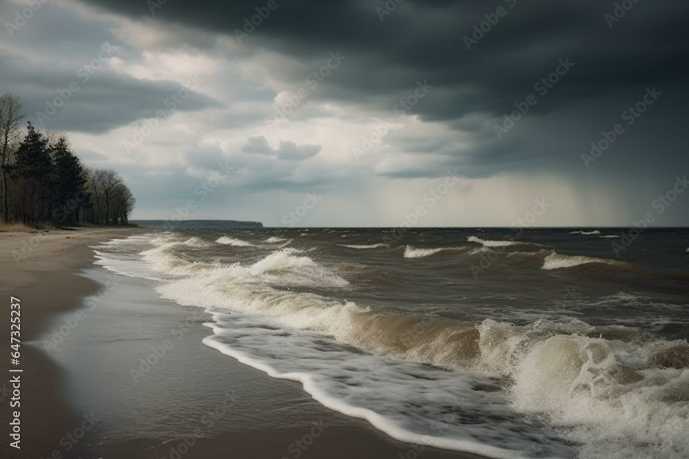 An atmospheric landscape with storm clouds, waves, and water splashes above the Baltic Sea. Generative AI