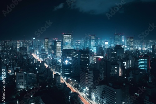 Nighttime Tokyo skyline in a futuristic Japanese cityscape. Generative AI
