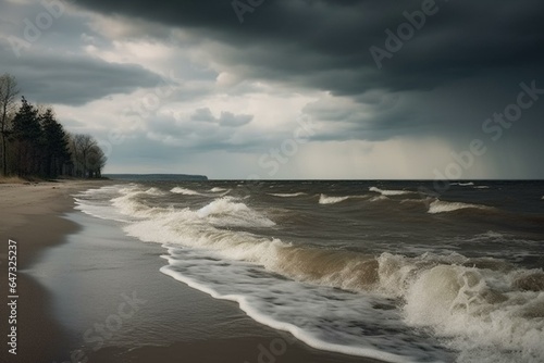 An atmospheric landscape with storm clouds, waves, and water splashes above the Baltic Sea. Generative AI