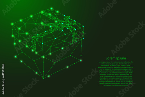 Gift box surprise, ribbon and bow, from futuristic polygonal green lines and glowing stars for banner, poster, greeting card
