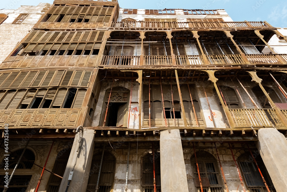 Traditional architecture of old Jeddah town El Balad district houses with wooden windows and balconies Unesco Heritage site in Jeddah Saudi Arabia