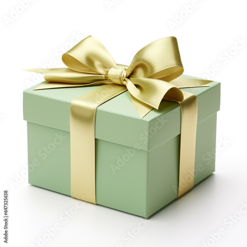 Green Gift Box with Golden Wrapping on White Background