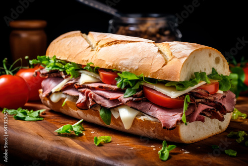 A delicious roast beef sandwich with swiss cheese, lettuce and tomato on a bread baguette on wooden table