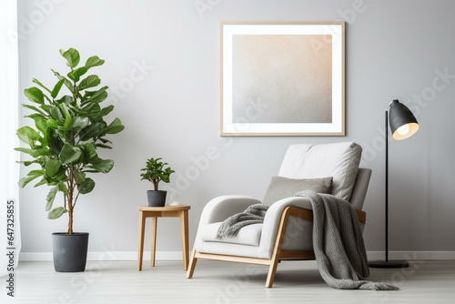 A simple living space adorned with plants  soft golden lighting  a gray recliner  and clean white walls. Generative AI