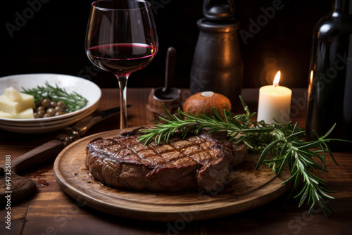 Grilled beef steak with herbs on a plate with a glass of wine, dark background