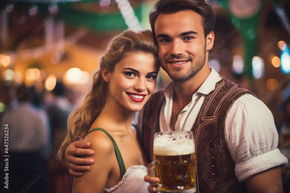 Couple looking and smiling at camera say cheers or clinking glasses with mug of beer in Bavarian beer garden or oktoberfest Couple looking and smiling at camera say cheers or clinking glasses with mug of beer in Bavarian beer garden or oktoberfest