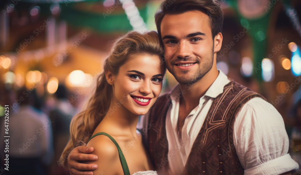 A couple looks and smiles into the camera and says cheers or toasts with a mug of beer in the Bavarian beer garden or at Oktoberfest.