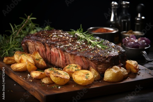 Grilled beef steak with potatoes and herbs on a wooden board