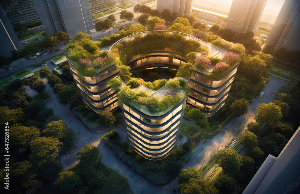 Drone Shot of Complex Towers with Landscaped Roof - obrazy, fototapety, plakaty 