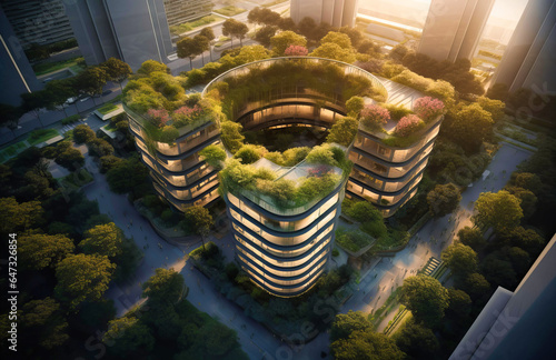 Drone Shot of Complex Towers with Landscaped Roof