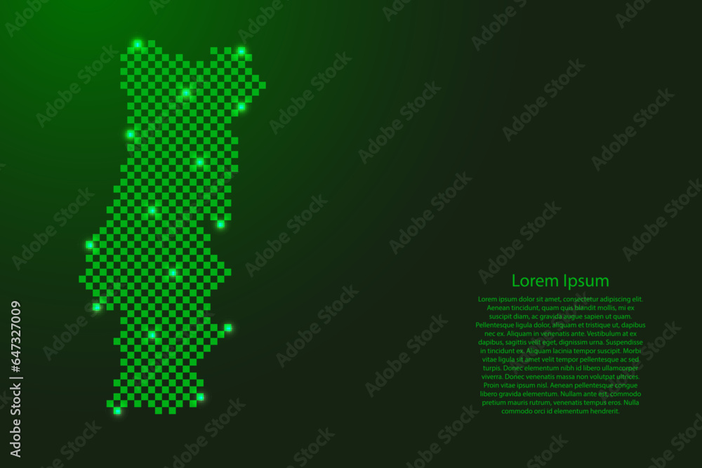 Portugal map from futuristic green checkered square grid pattern and glowing stars for banner, poster, greeting card