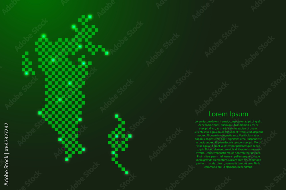 Bahrain map from futuristic green checkered square grid pattern and glowing stars for banner, poster, greeting card