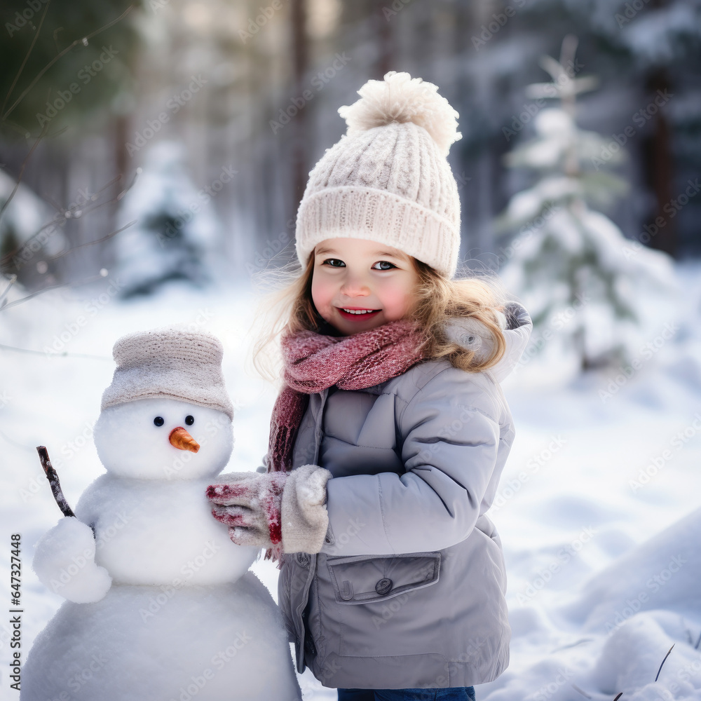 Kids playing with Snowballs - building snowman Kids playing with Snowballs - building snowman