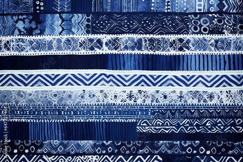 Batik print featuring navy and indigo stripes with ethnic ornamental designs. Generative AI