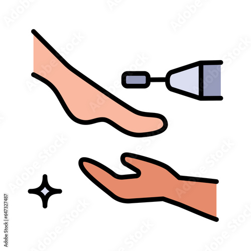 Hardware pedicure color icon. Foot care icon, hand with leg, pedicure, chiropody - flat web symbol on white background. Nail polish. Beauty procedures. Tools for nails treatment. Beauty parlor