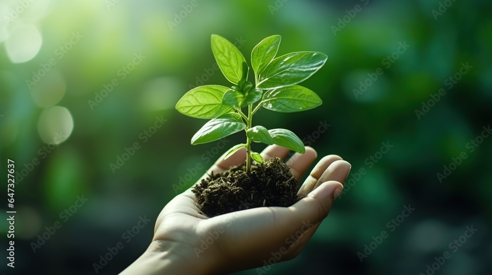 Hand holding seeding plant. AI generated