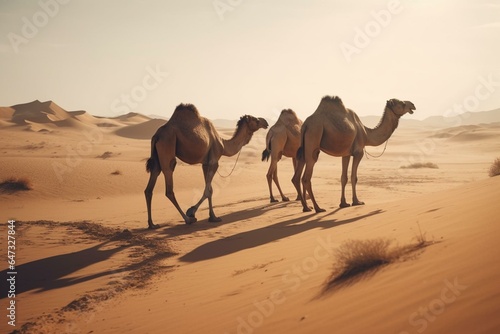 Camels walking in arid sandy landscape. Generative AI