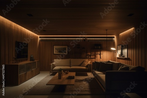 Frontal perspective of dimly lit living space with wooden paneling. Generative AI