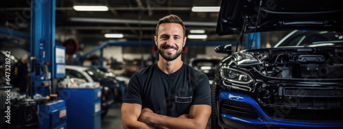 Portrait of a mechanic in a car service against the backdrop of cars. © MP Studio