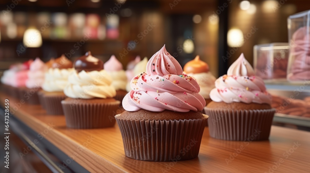 Background with delicious various cupcakes with cream on top. Bakery shelves pastries concept