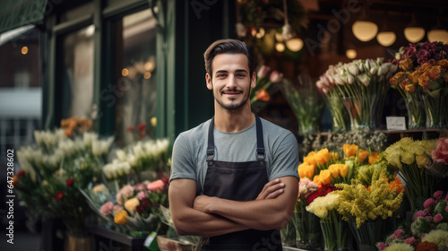 Smiling man in apron with crossed arms standing against his flower shop © MP Studio