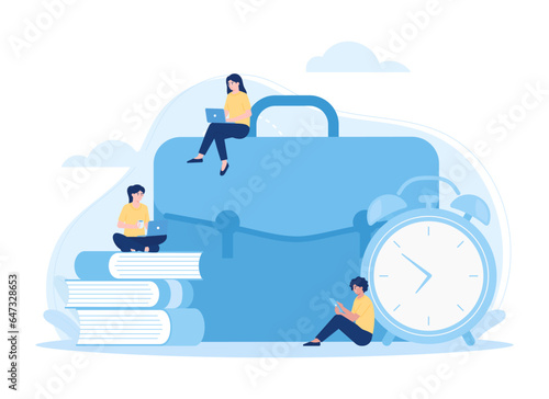 Deadline, busy business people with laptops hurry up to complete tasks at huge clock concept flat illustration