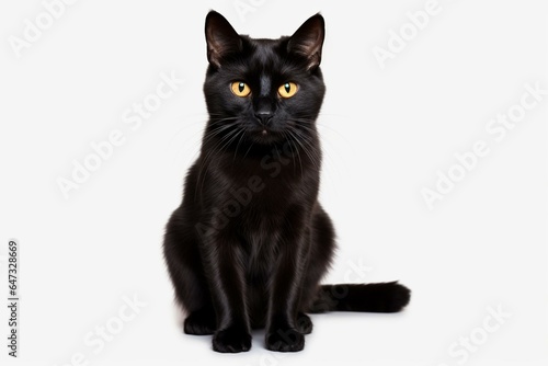 Black cat sitting sideways, looking at the camera, isolated on transparent background. Generative AI