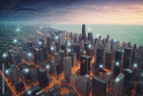 Daytime aerial view of Chicago downtown area, lake, and Forex graph hologram showcasing internet trading, brokerage, and fundamental analysis. Generative AI