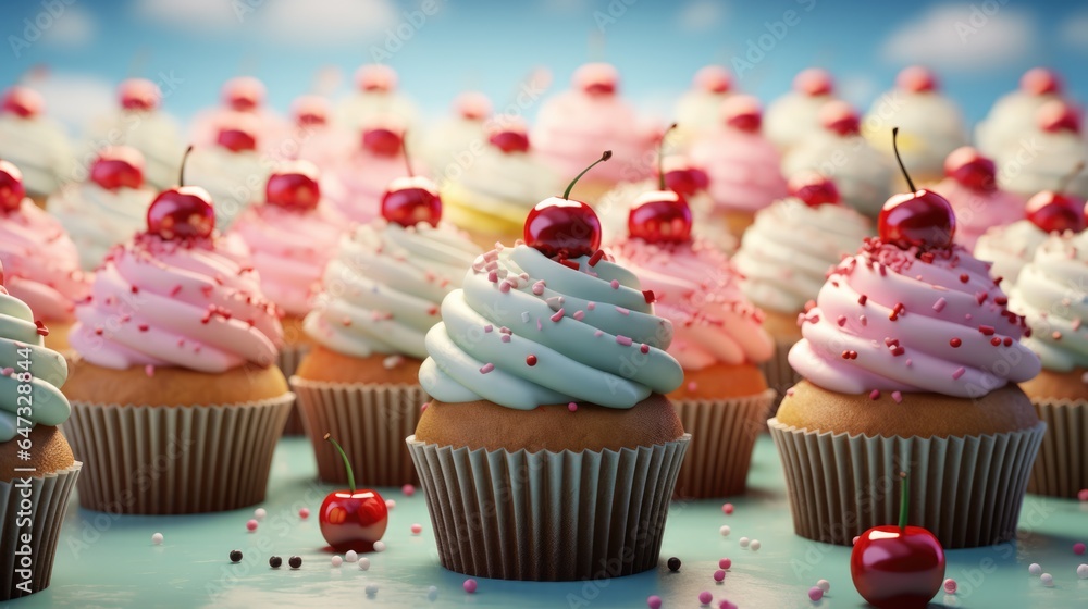Background with delicious various cupcakes with cream on top. Bakery or homemade pastries concept