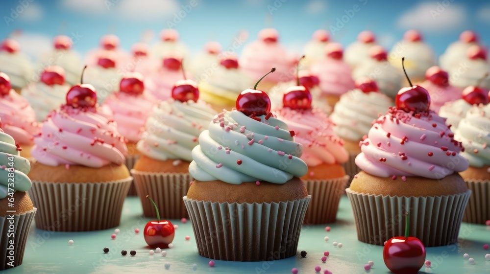 Background with delicious various cupcakes with cream on top. Bakery or homemade pastries concept Background with delicious various cupcakes with cream on top. Bakery or homemade pastries concept