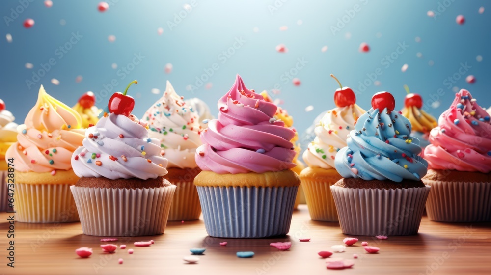 Background with delicious various cupcakes with cream on top. Bakery or homemade pastries concept Background with delicious various cupcakes with cream on top. Bakery or homemade pastries concept