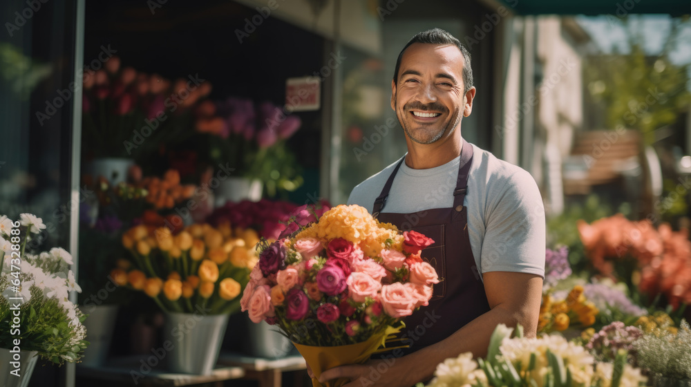 Smiling man in apron with crossed arms standing against his flower shop