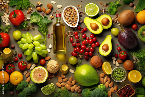 Border liver detox diet food concept  fruits  vegetables  nuts  olive oil  garlic.