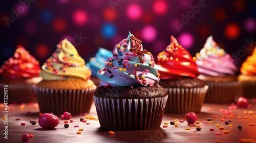Background with delicious various cupcakes with cream on top. Bakery or homemade pastries concept