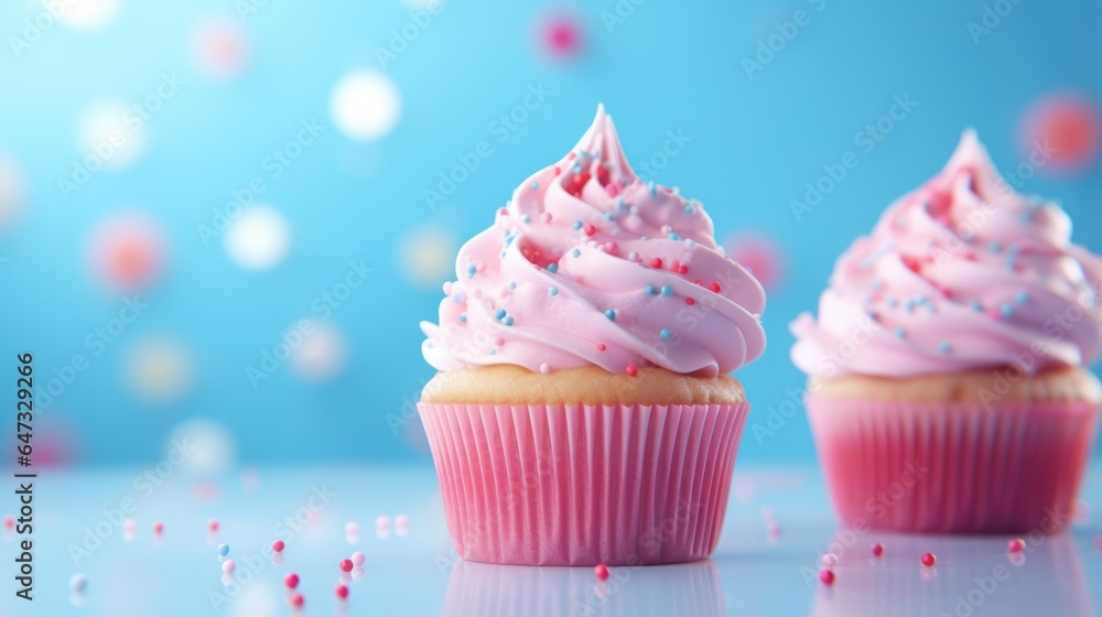 Background with delicious various cupcakes with cream on top and free place for text. Bakery or homemade pastries concept