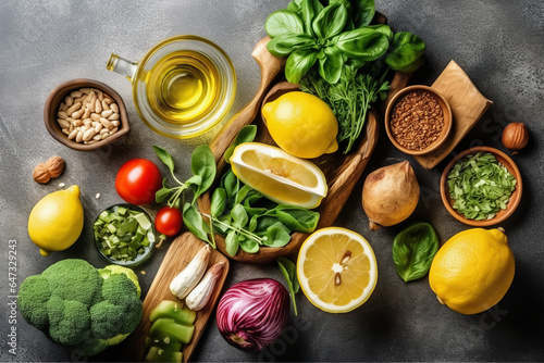 Border liver detox diet food concept, fruits, vegetables, nuts, olive oil, garlic.
