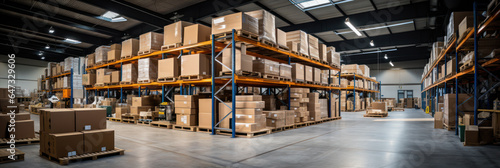 Retail warehouse with shelves on which are cardboard boxes, a store warehouse or a sorting room for product delivery, banner