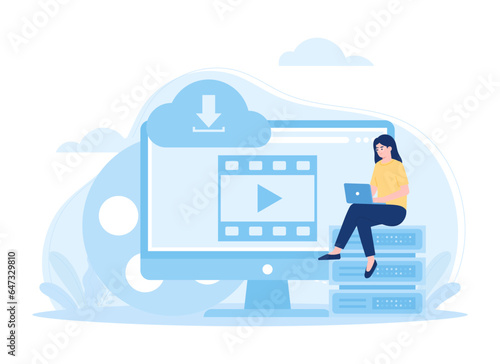 Multimedia on computer screen and people transferring files concept flat illustration