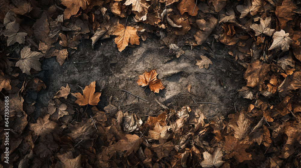 A top-view image of a park floor in autumn which reveals a carpet of dried leaves covering the ground. Between the leaves, empty spaces reveal the dry earth beneath - obrazy, fototapety, plakaty 