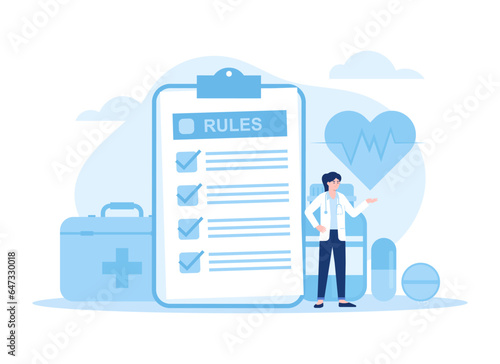 Pharmacists with prescription drugs for patients, pharmaceutical industry concept flat illustration
