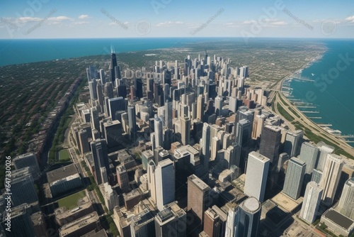 Aerial cityscape Chicago downtown lake daytime view Illinois USA. Generative AI