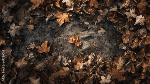 Billede på lærred A top-view image of a park floor in autumn which reveals a carpet of dried leaves covering the ground