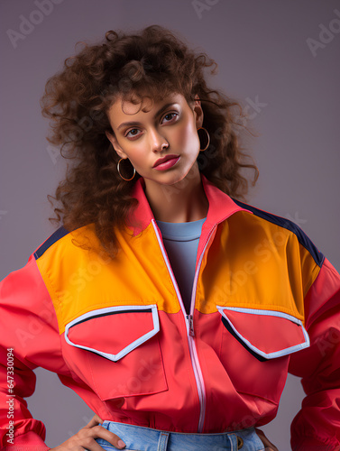 Sporty woman in Retro 80s colorful exercise suit fashion shoot in studio